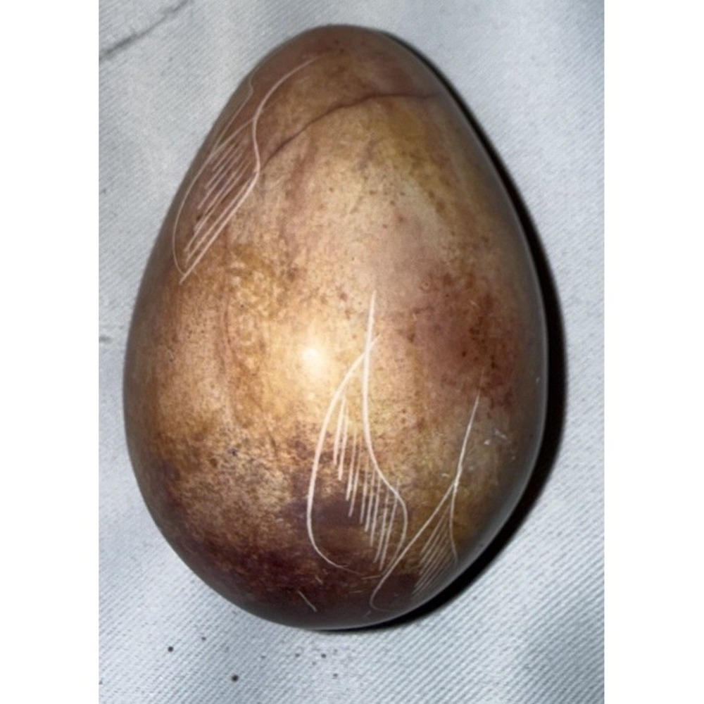 Hand Carved Soapstone Egg Earthy Brown Etched Stone Decorative Art Figurine 2.5"